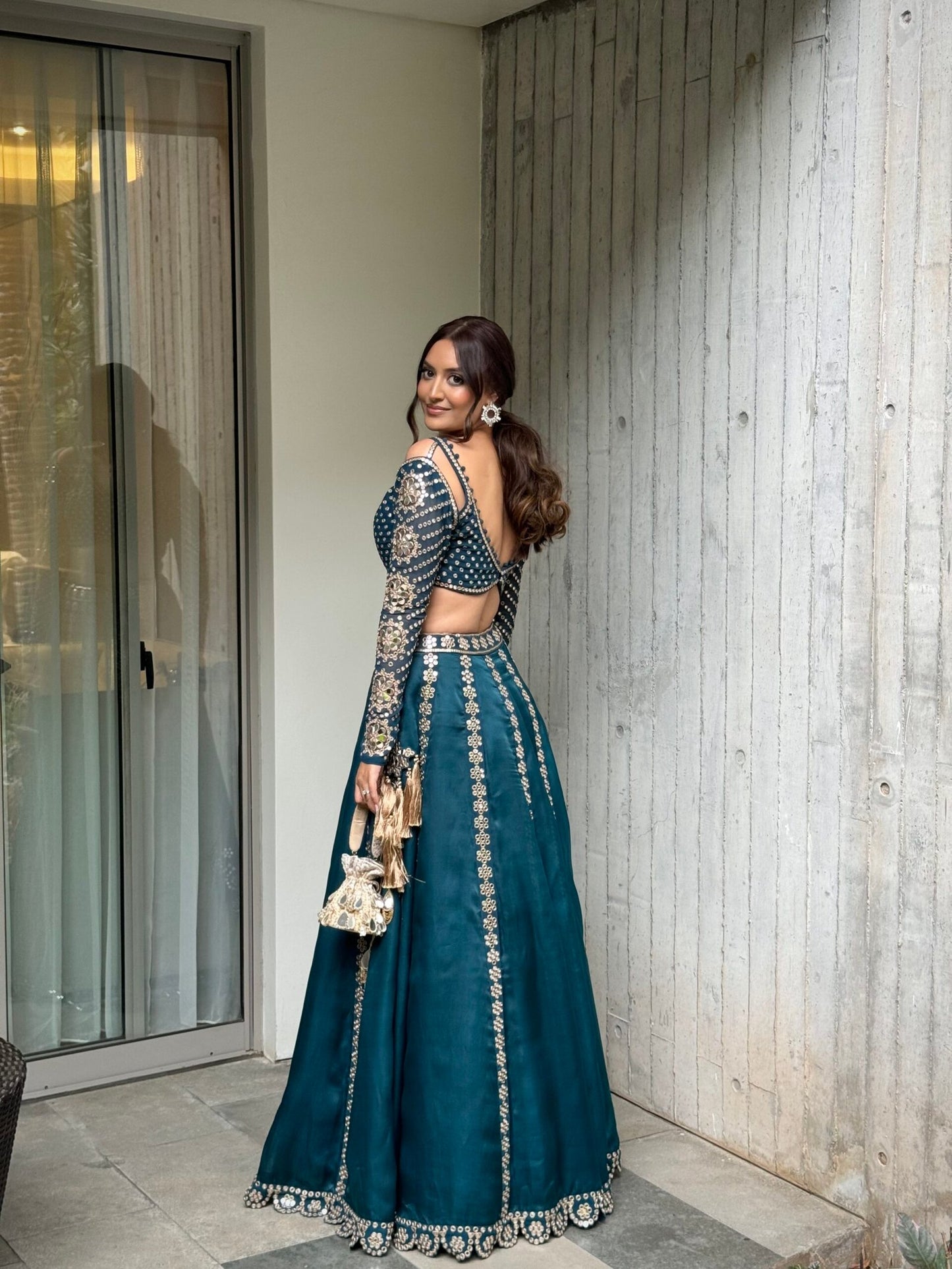 NATASHA SHAH In Dark Teal Flower Linear Lehenga Set