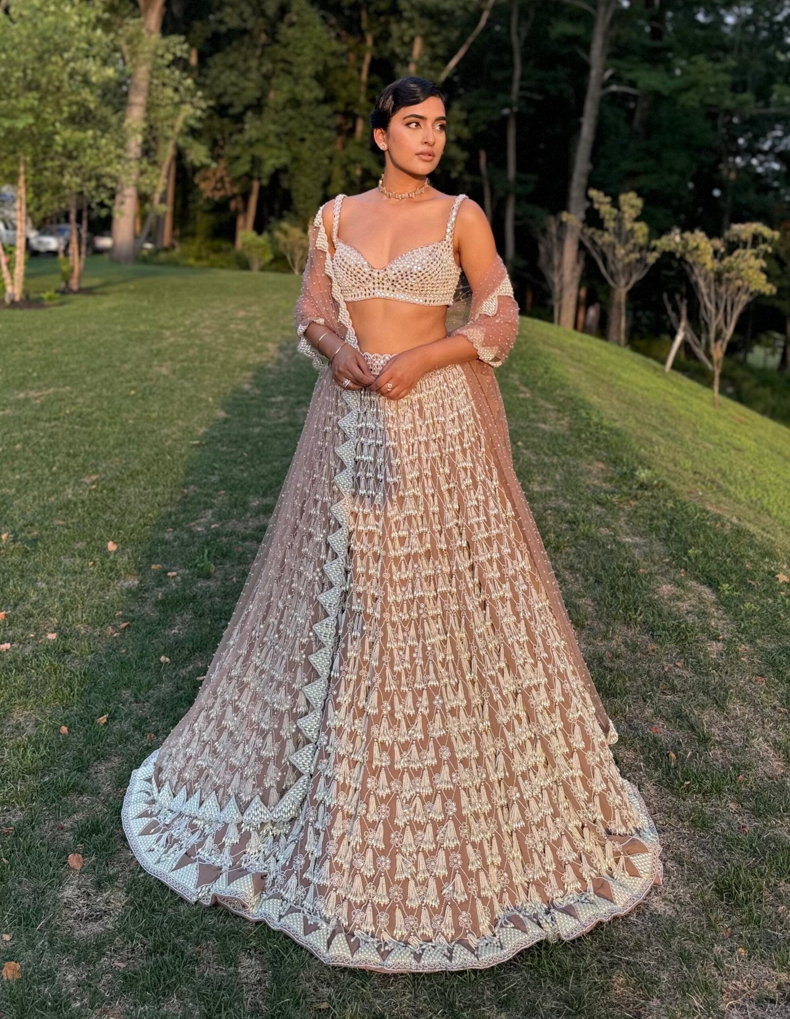 BHAVDEEP KAUR In Deep Beige Chandelier Pearl Drop Lehenga Set