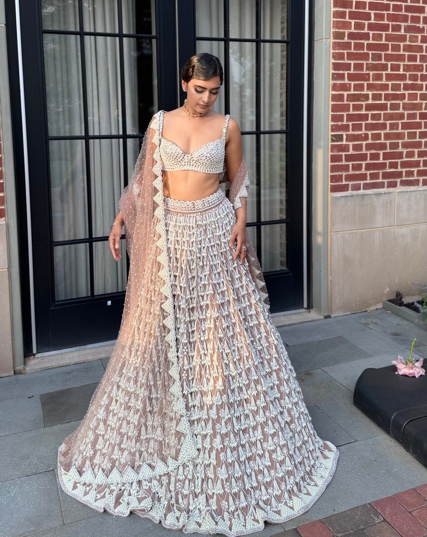 BHAVDEEP KAUR In Deep Beige Chandelier Pearl Drop Lehenga Set