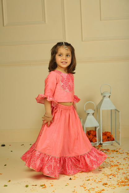 Pink Printed Chanderi Choli with Lehenga