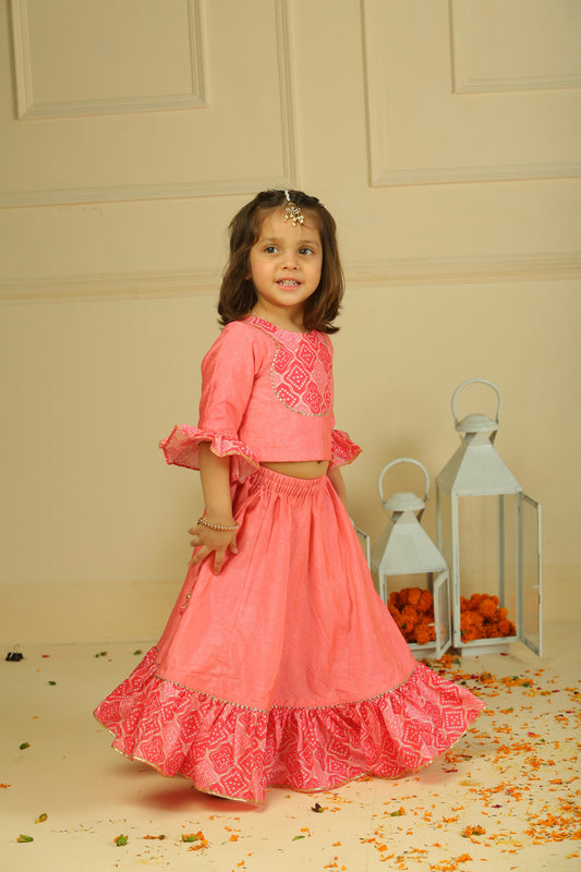 Pink Printed Chanderi Choli with Lehenga