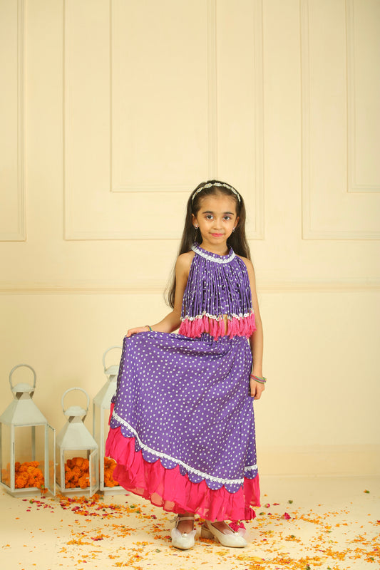 Purple Bandhani Printed Modal Choli with Lehenga