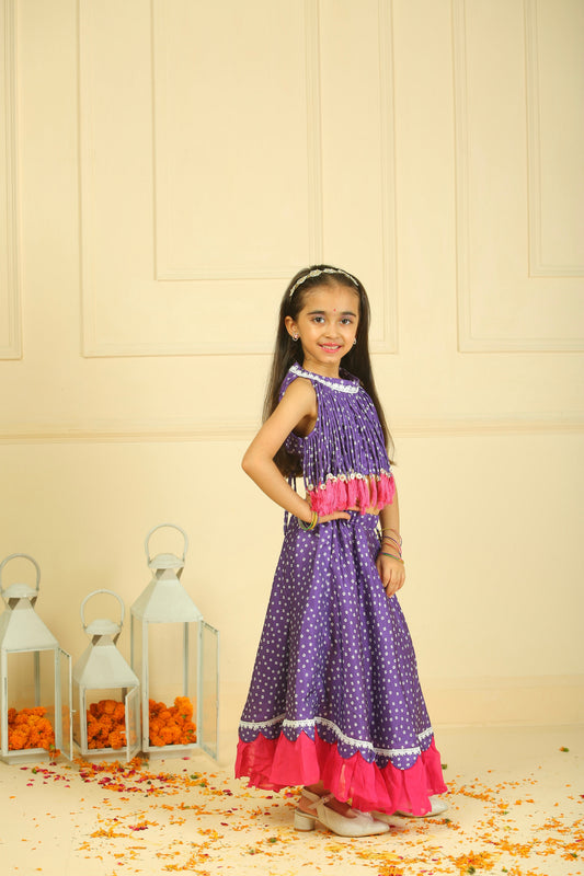Purple Bandhani Printed Modal Choli with Lehenga