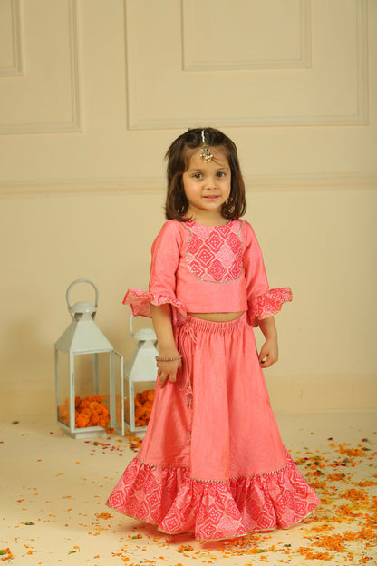 Pink Printed Chanderi Choli with Lehenga