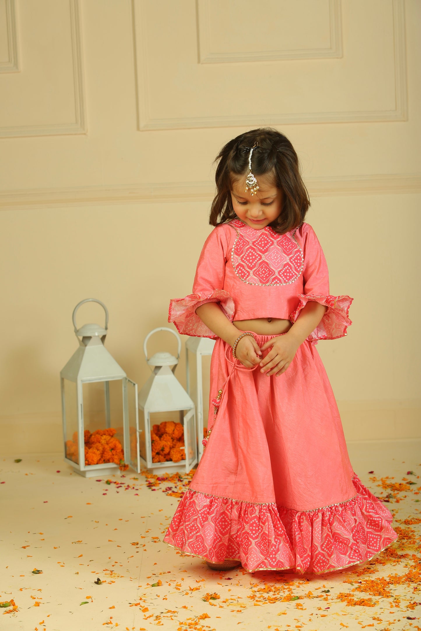 Pink Printed Chanderi Choli with Lehenga
