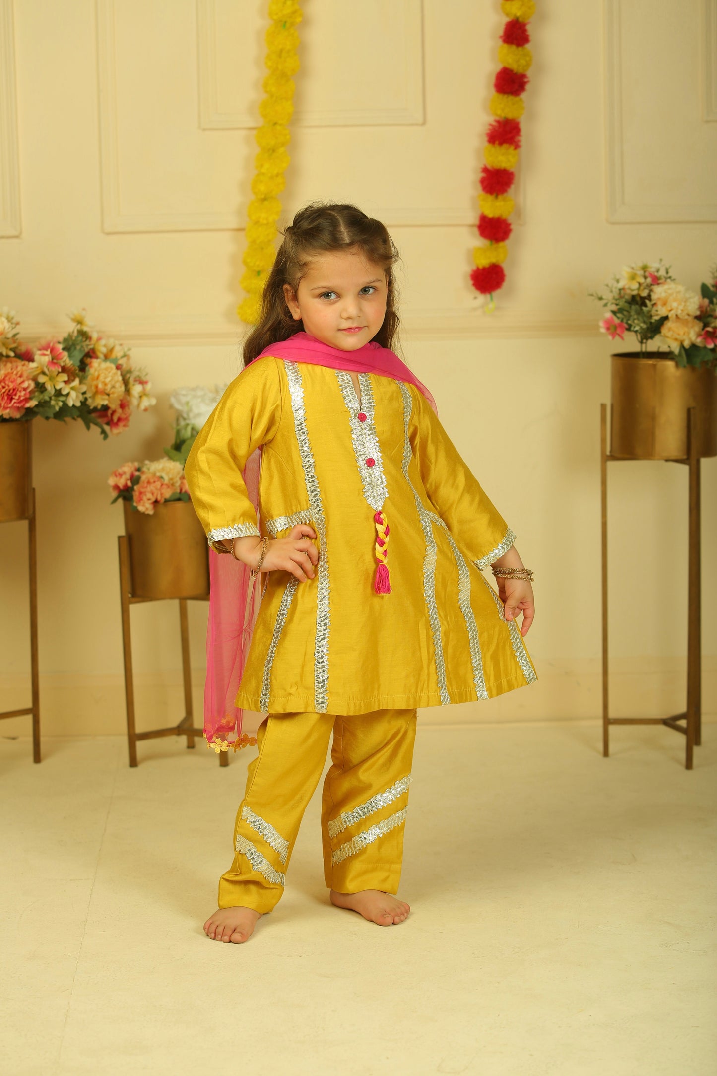 Mustard Yellow Lace Work Chanderi Suit