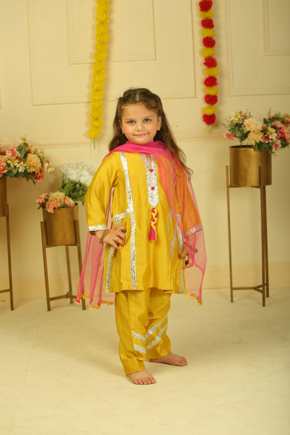 Mustard Yellow Lace Work Chanderi Suit