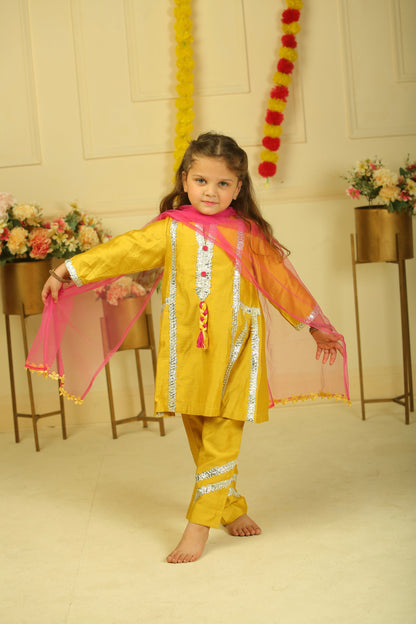 Mustard Yellow Lace Work Chanderi Suit