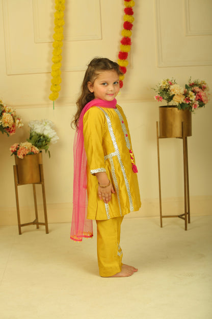 Mustard Yellow Lace Work Chanderi Suit