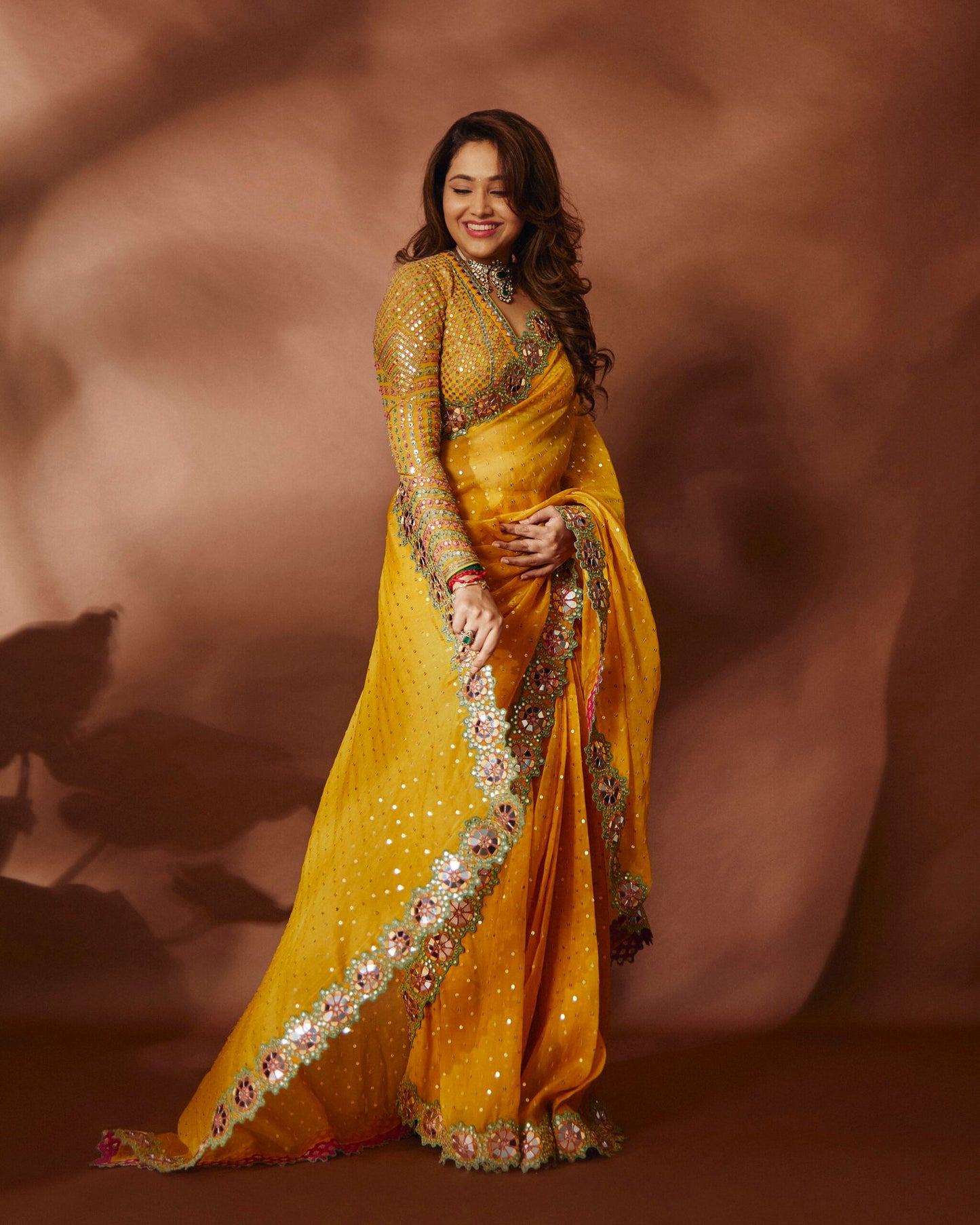 PRIYA ATLEE In Rang Yellow Mirror and Sequin Saree Set
