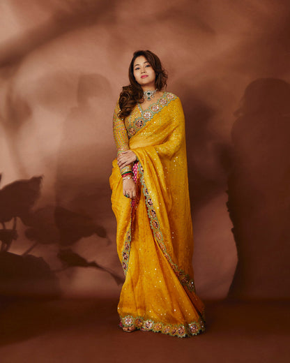 PRIYA ATLEE In Rang Yellow Mirror and Sequin Saree Set