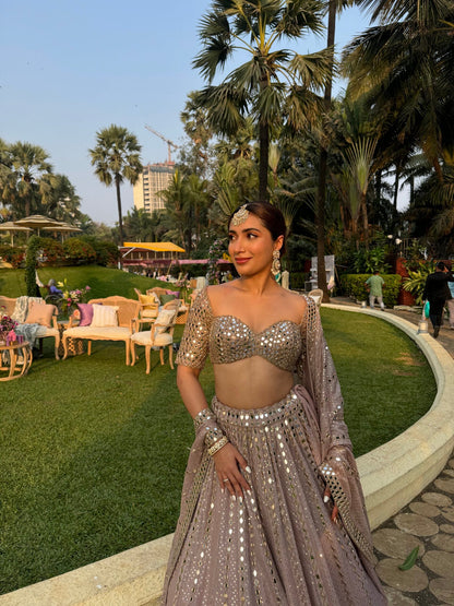 AVANTIKA IN Ash Pink Sequin Embroidered Lehenga Set