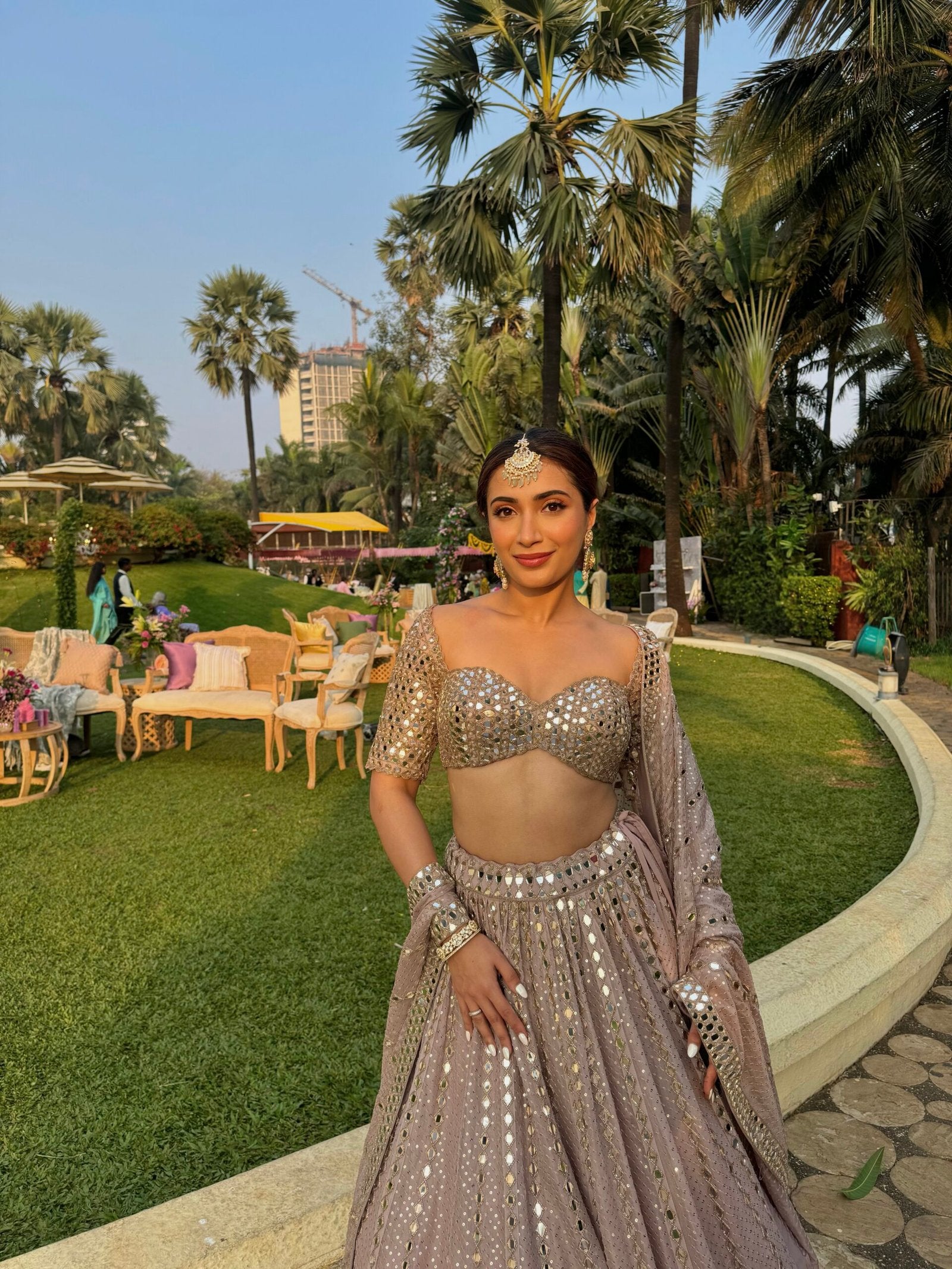 AVANTIKA IN Ash Pink Sequin Embroidered Lehenga Set
