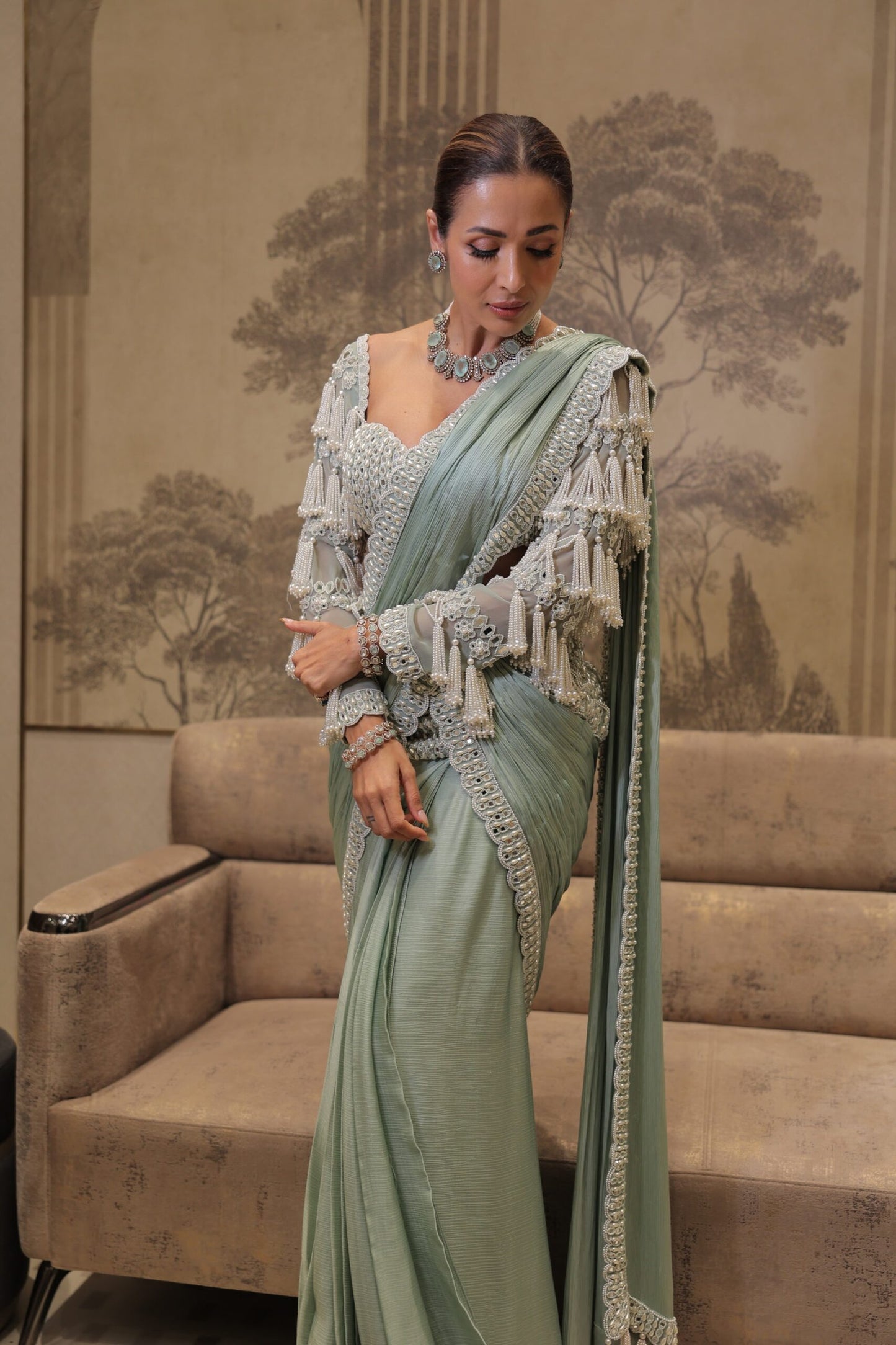 Chandelier Drop Powder Mint Piroi Saree Set (MALAIKA ARORA)