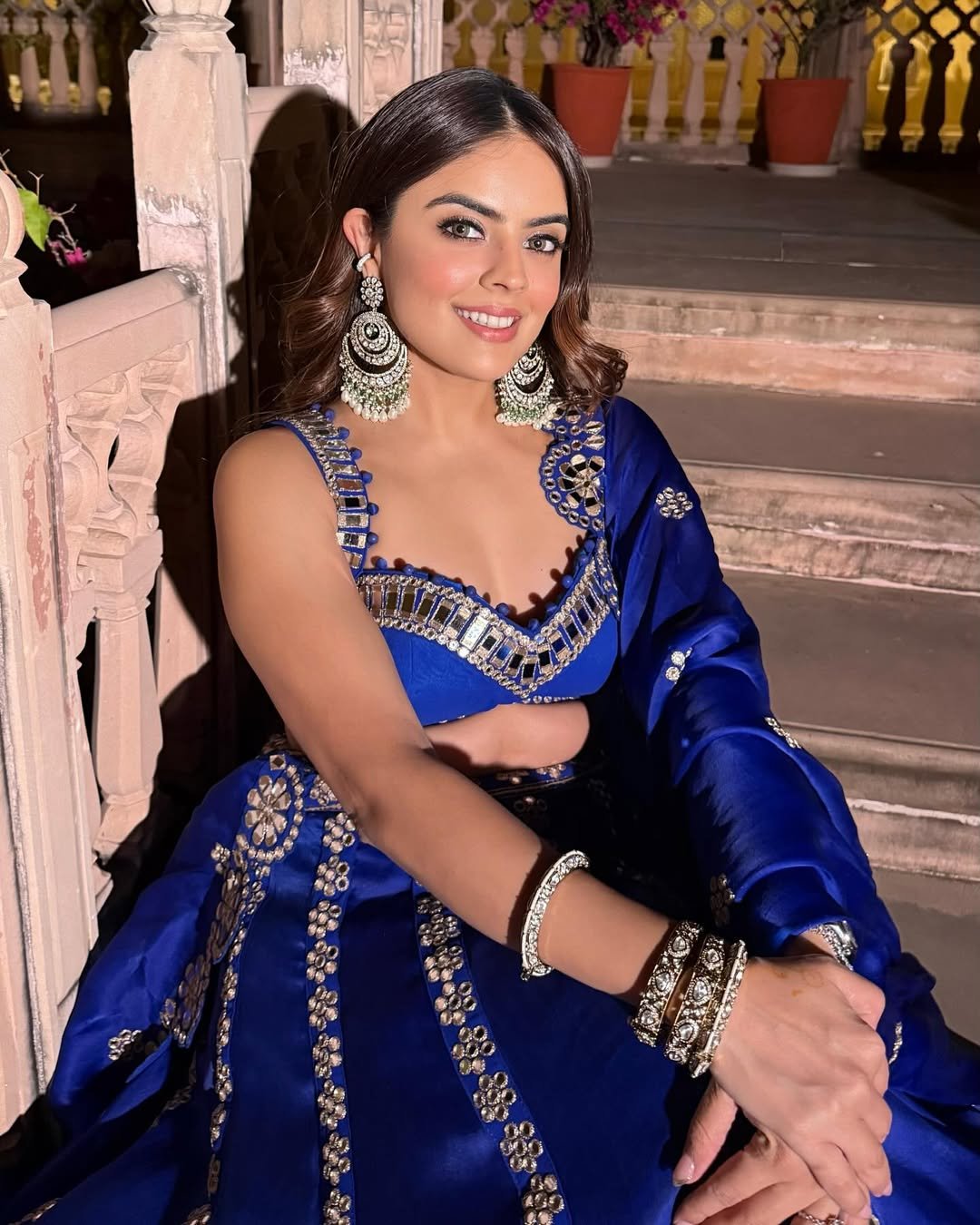 SIMRAN LUTHRIA In Royal Blue Flower Linear Lehenga Set