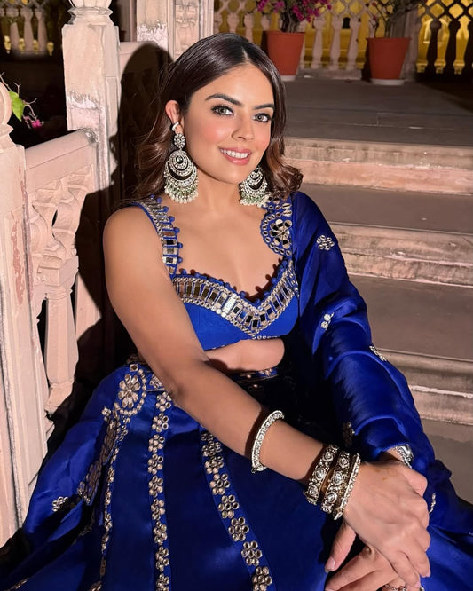 SIMRAN LUTHRIA In Royal Blue Flower Linear Lehenga Set