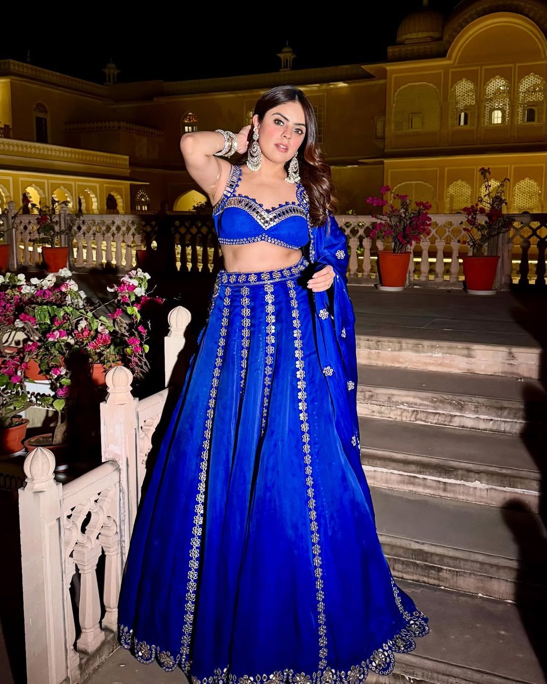 SIMRAN LUTHRIA In Royal Blue Flower Linear Lehenga Set