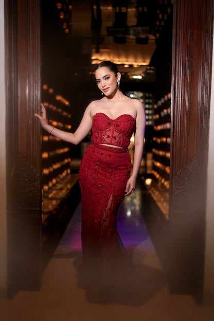BLOODSTONE DRAPED MERMAID LEHENGA