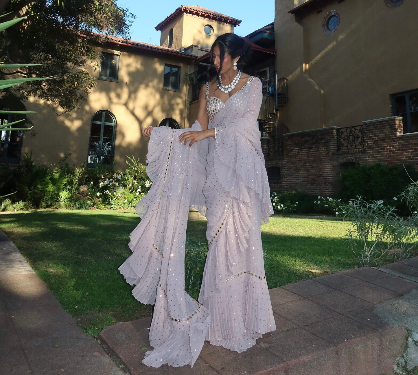 NICOLE MEHTA In Jugmug Ash Pink Frill Saree Set