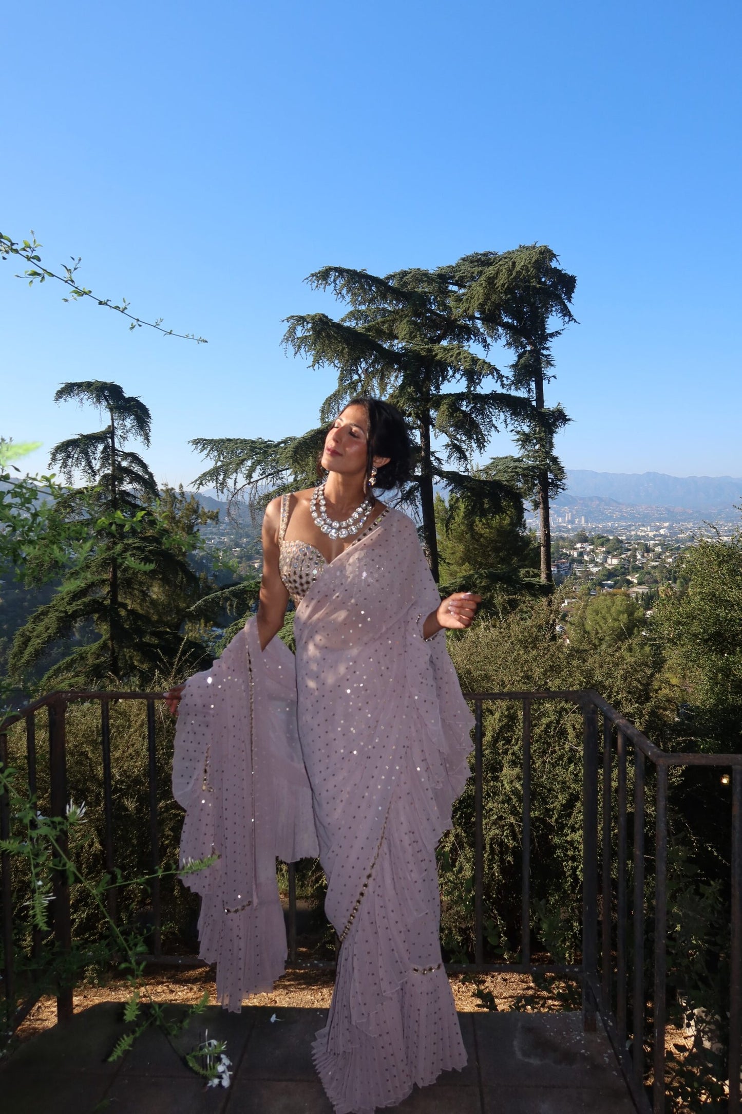 NICOLE MEHTA In Jugmug Ash Pink Frill Saree Set