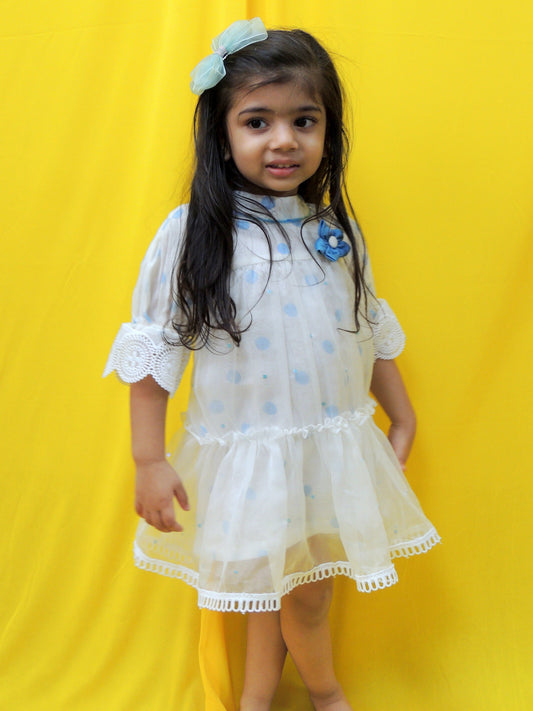 Off White Polka Dot Printed Organza Chanderi Dress
