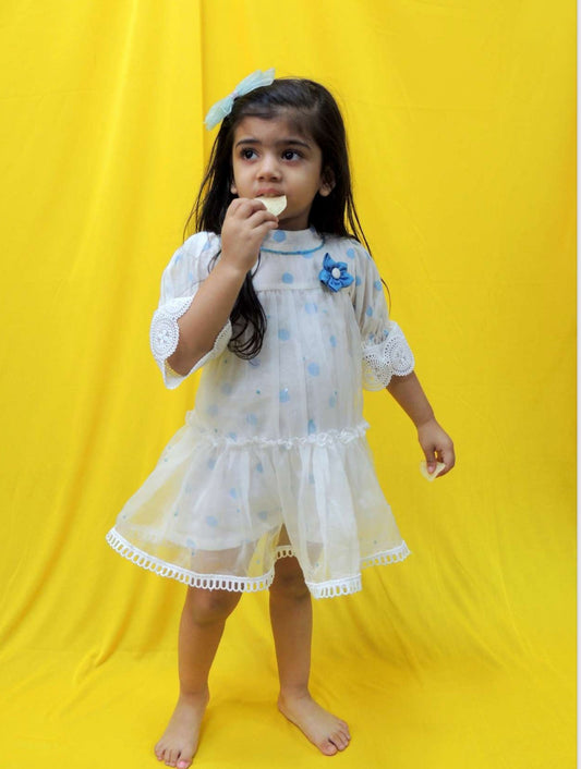 Off White Polka Dot Printed Organza Chanderi Dress