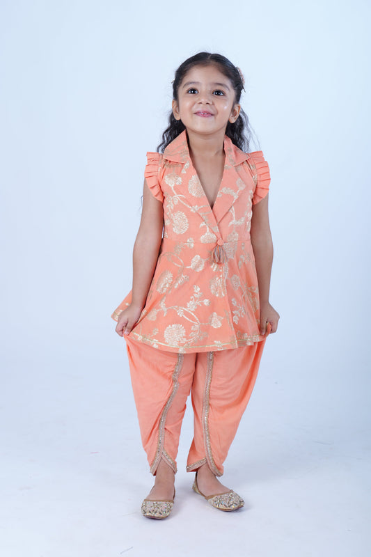 Peach Zari Chanderi Top with Dhoti Pants