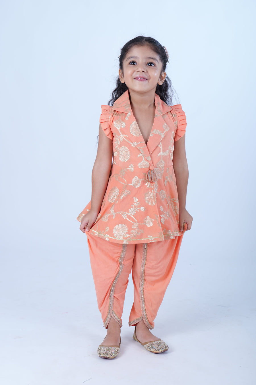Peach Zari Chanderi Top with Dhoti Pants