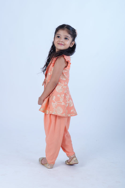 Peach Zari Chanderi Top with Dhoti Pants