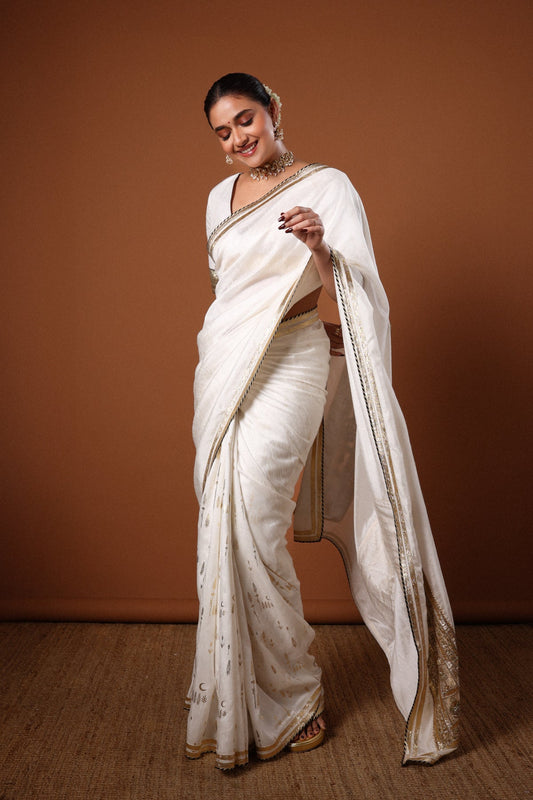 White Moonfield Gota Embroidered Saree