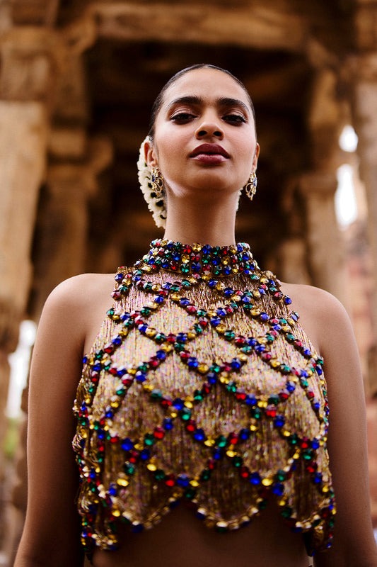 Kumu Gold Lattice Crop Top And Skirt