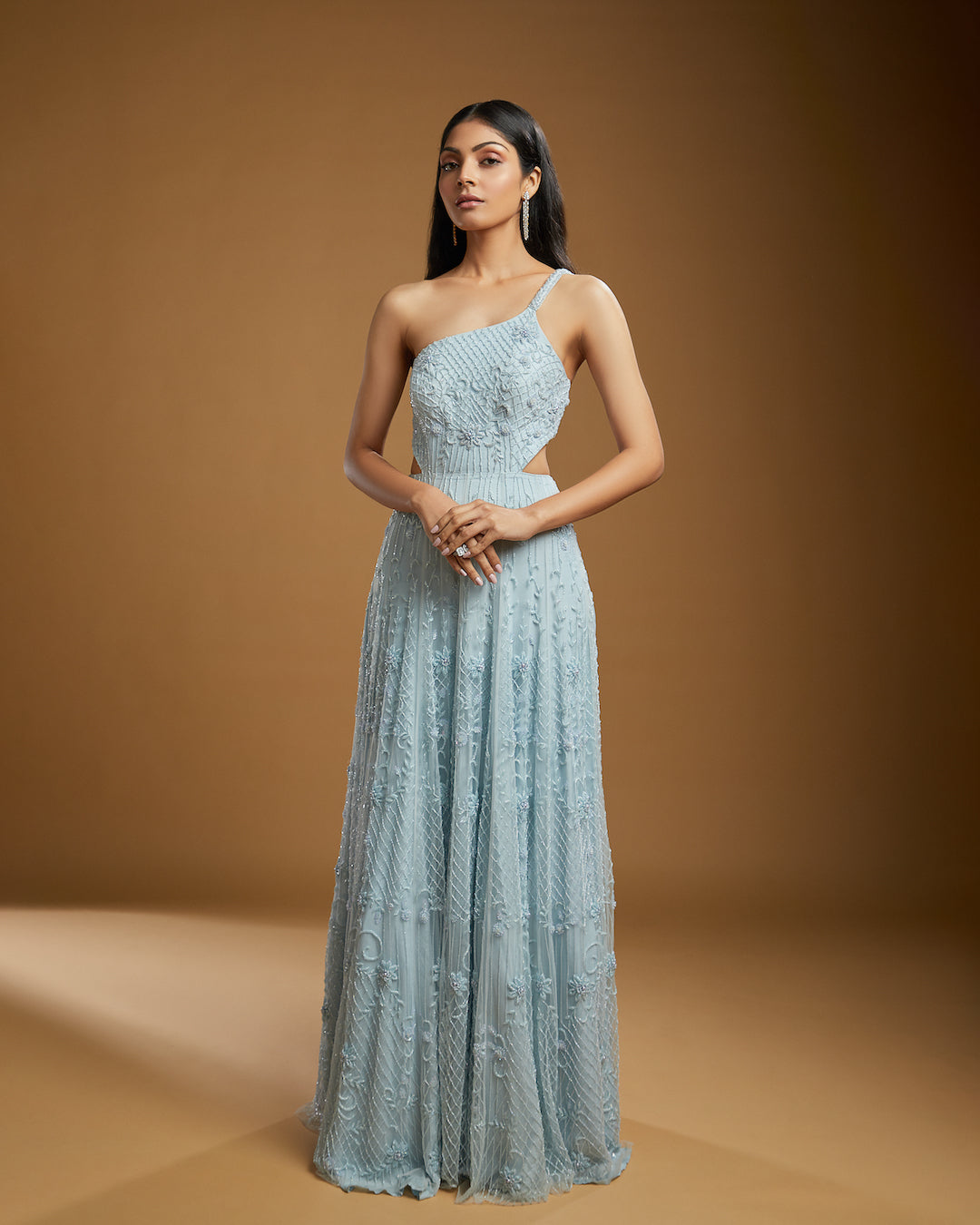 Ice Blue Net Alexia One Shoulder Gown