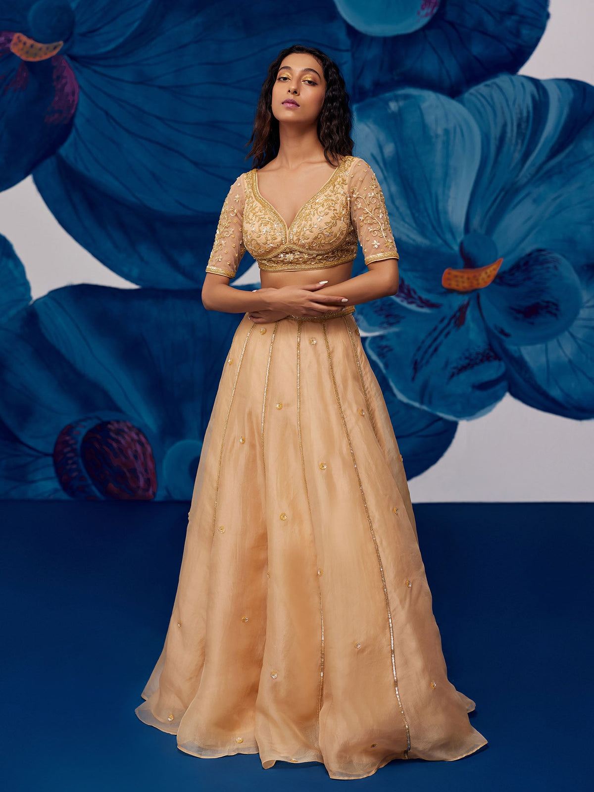 Imperial Golden Silk Organza Lehenga Set