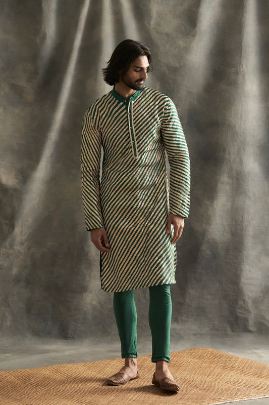 Teal Linen Kurta With Handmade Lampi Stripes
