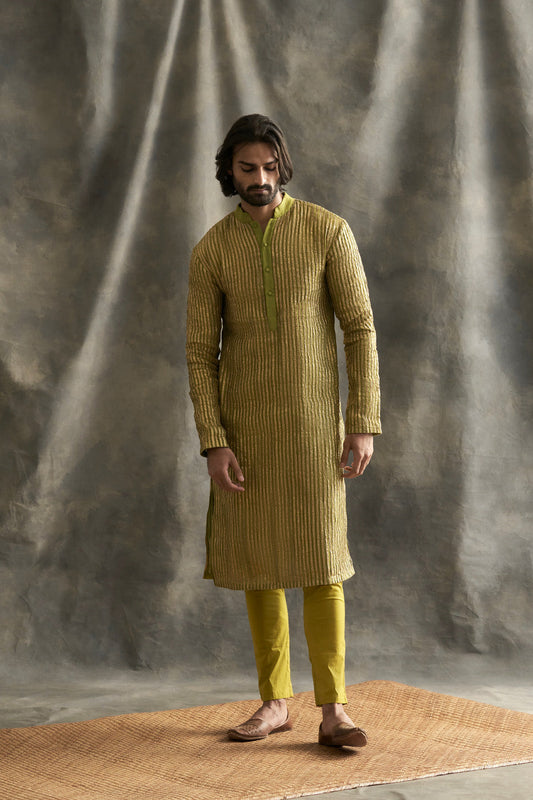 Light Green Linen Kurta With Handmade Lampi Stripes