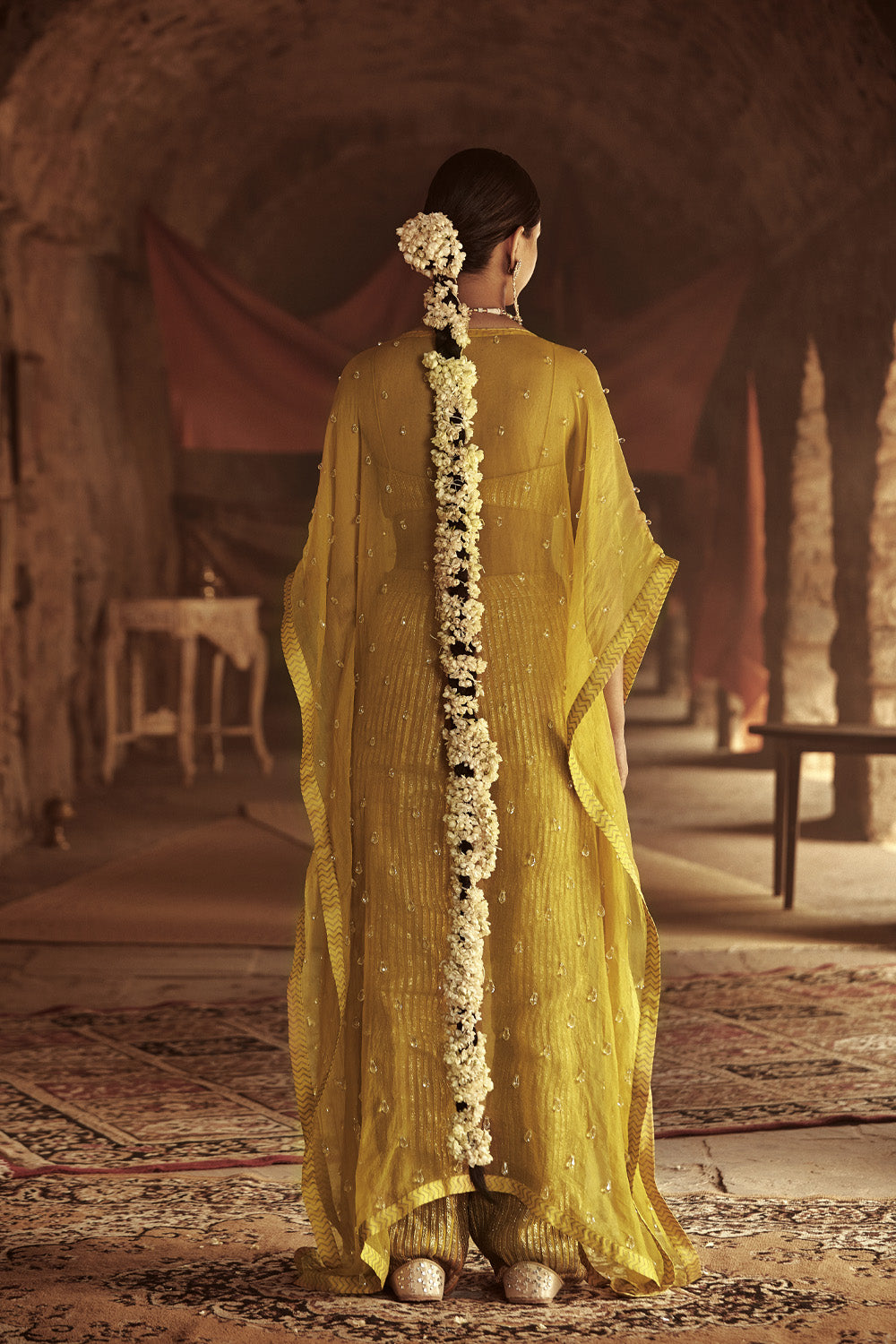 Yellow Silk Organza Kaftan Set