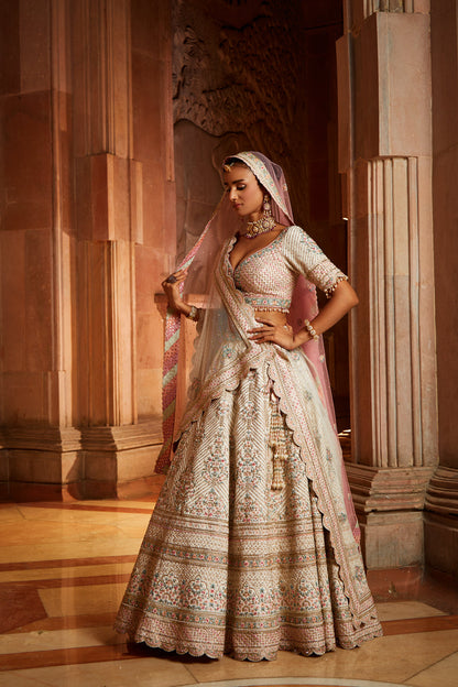 Ivory Tafetta Lehenga Choli Set with Two Tulle Dupattas