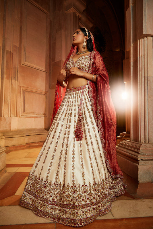 Ivory Taffeta  Bridal Lehenga Choli Set with Red Dupatta