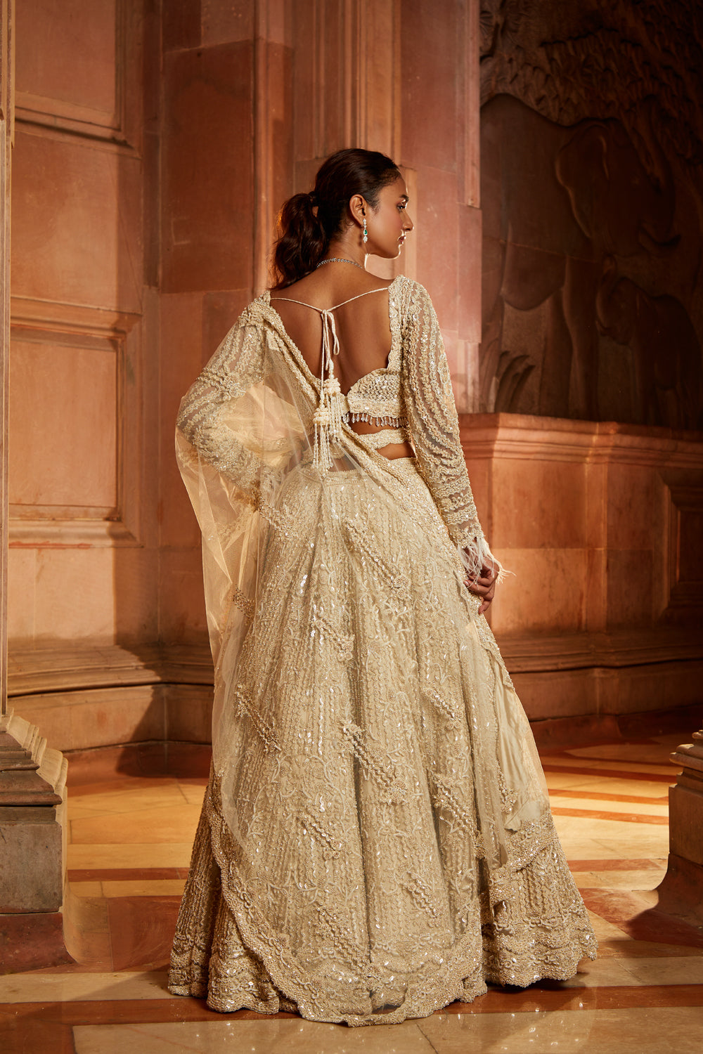 Ivory Tulle Lehenga Choli Dupatta Set with an Optional Veil
