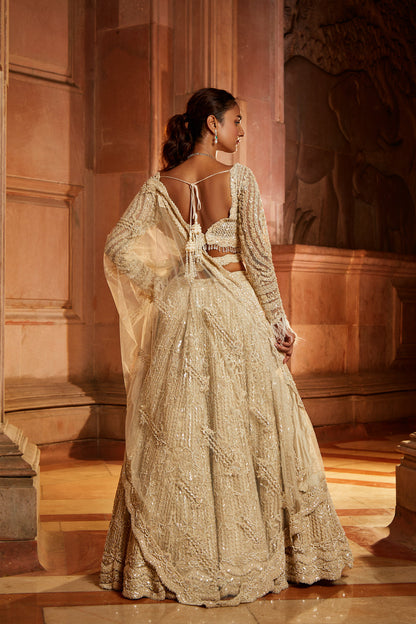 Ivory Tulle Lehenga Choli Dupatta Set with an Optional Veil