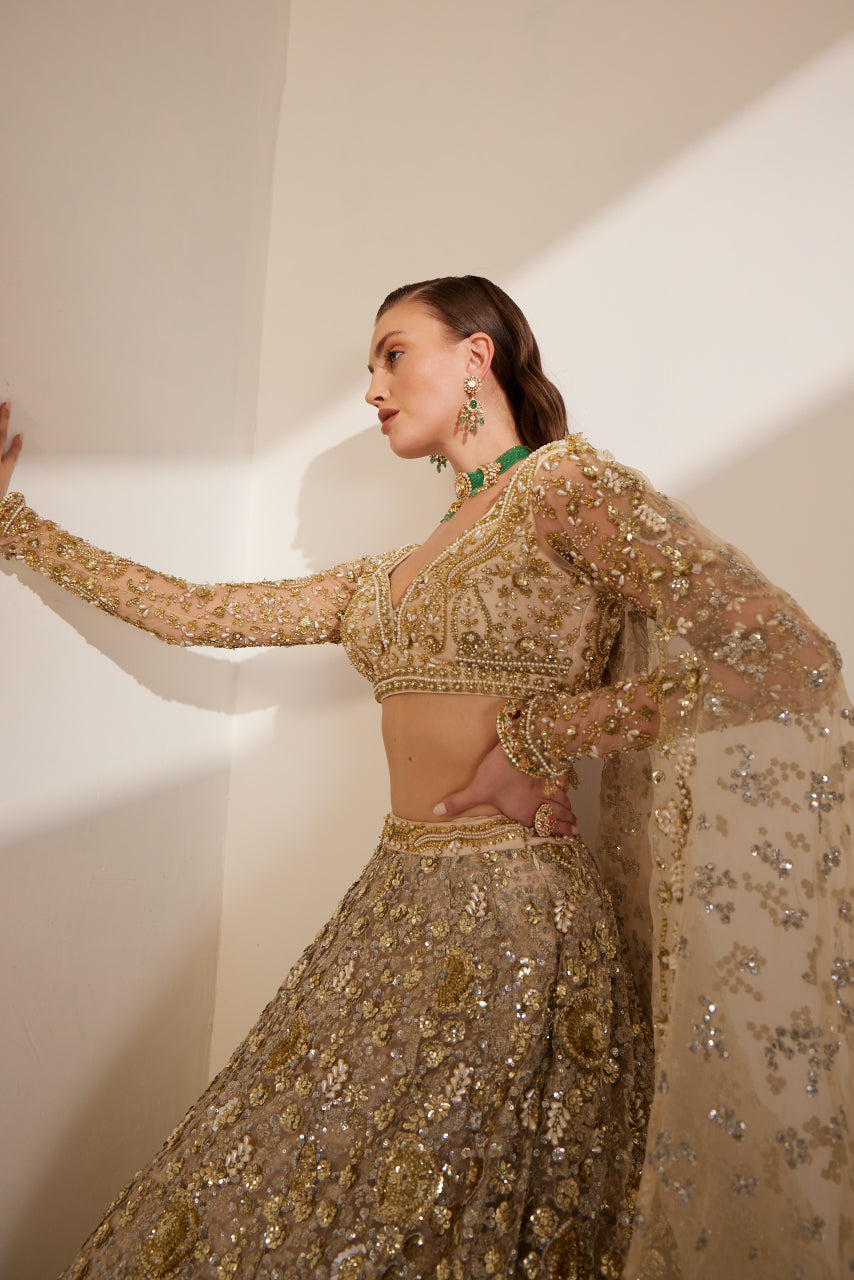 Ivory Silk Pearl Zari Sequin Embroidered Lehenga Set