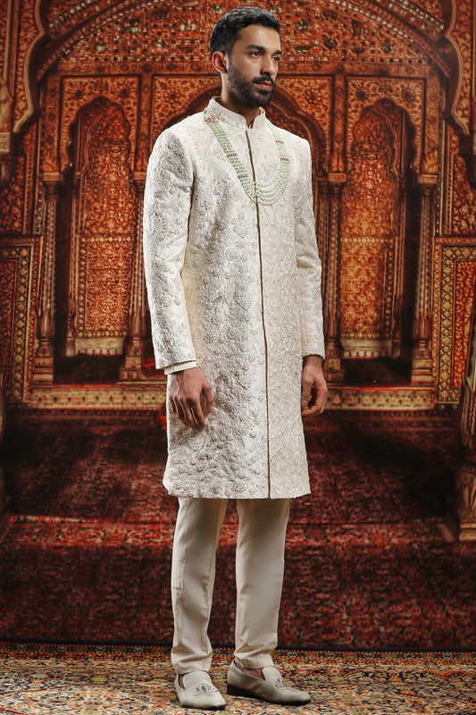 Cream Florentine Raw Silk Embroidered Sherwani