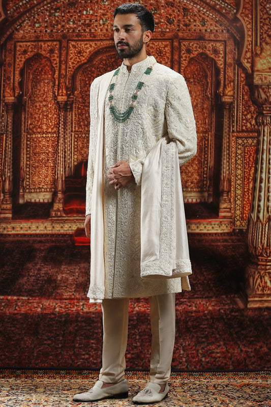 Off-White French Knot Embroidered Sherwani Set