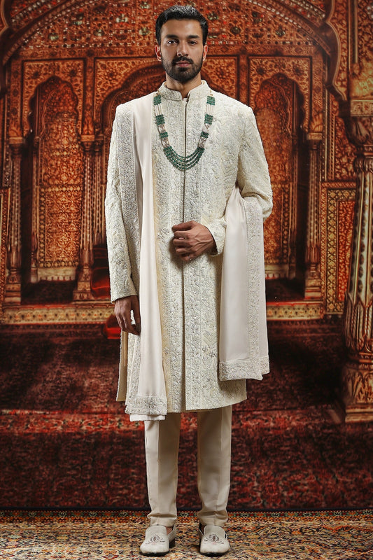 Off-White French Knot Embroidered Sherwani Set