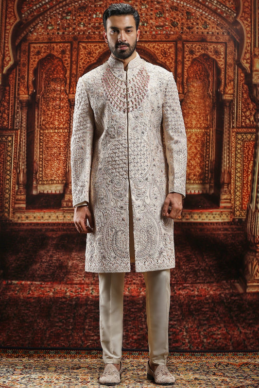 Beige Floral Embroidered Raw Silk Sherwani Set