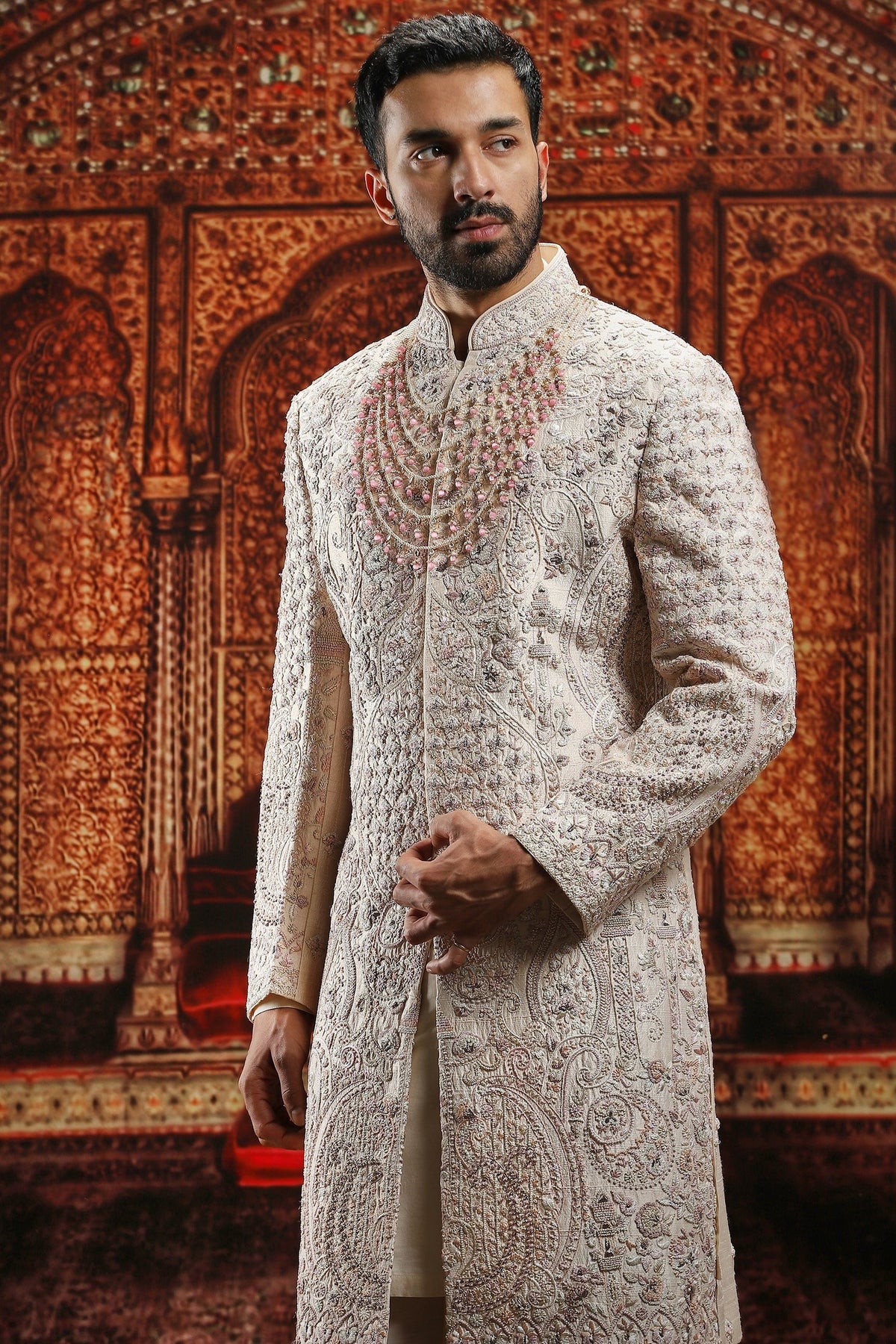 Beige Floral Embroidered Raw Silk Sherwani Set