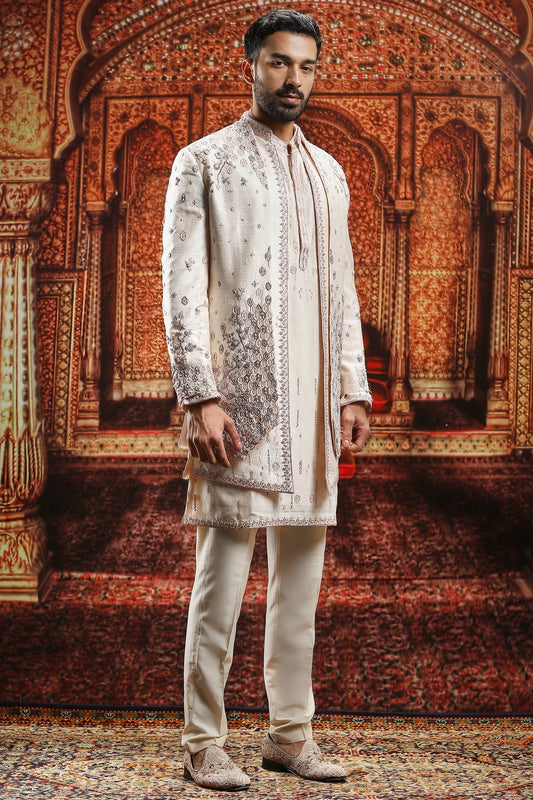 Almond Raw Silk Open Embroidered Indowestern