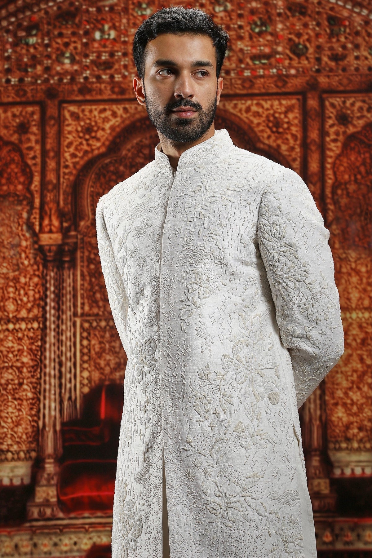 Ivory Raw Silk Silver Embroidered Sherwani Set