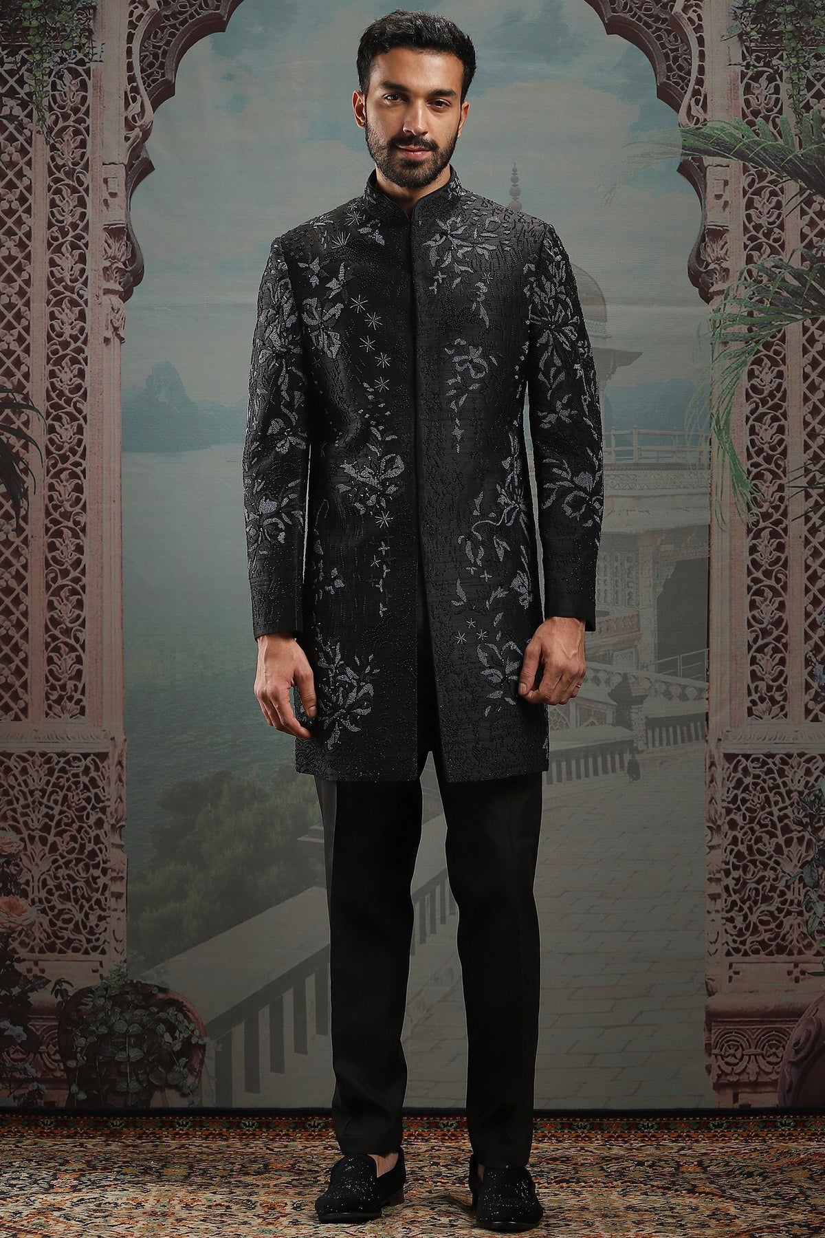 Black Moti Raw Silk Embroidered Sherwani Set