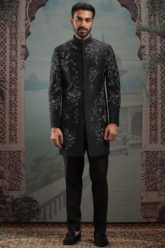 Black Moti Raw Silk Embroidered Sherwani Set
